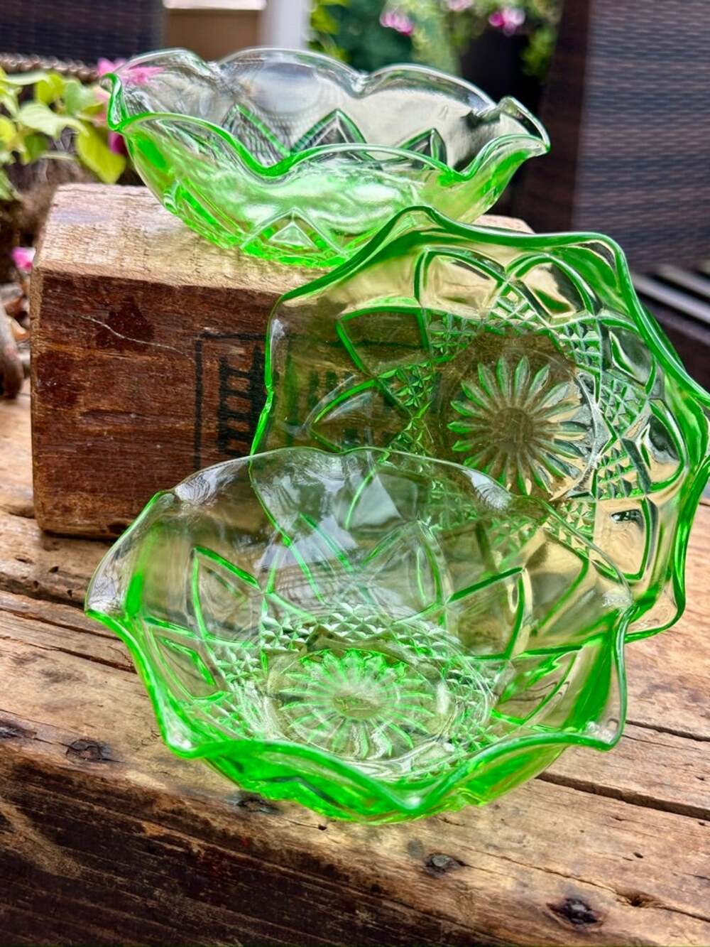 Vintage Hazel Atlas Green Uranium Glass Ruffled Bowls Set of 3